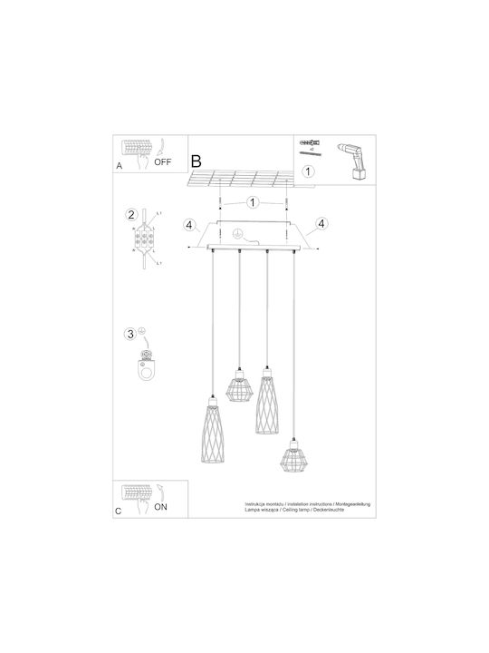 Sollux Pendant Light Black for 4 Bulbs E27 38x38x20cm