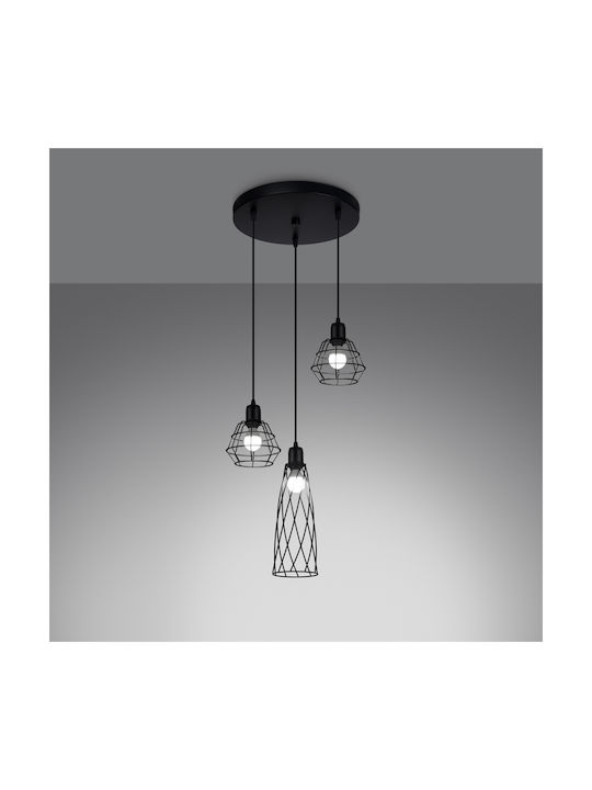 Sollux 3p Pendant Light Black with Socket E27 38x38x20cm