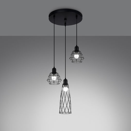 Sollux 3p Pendant Light Black with Socket E27 38x38x20cm