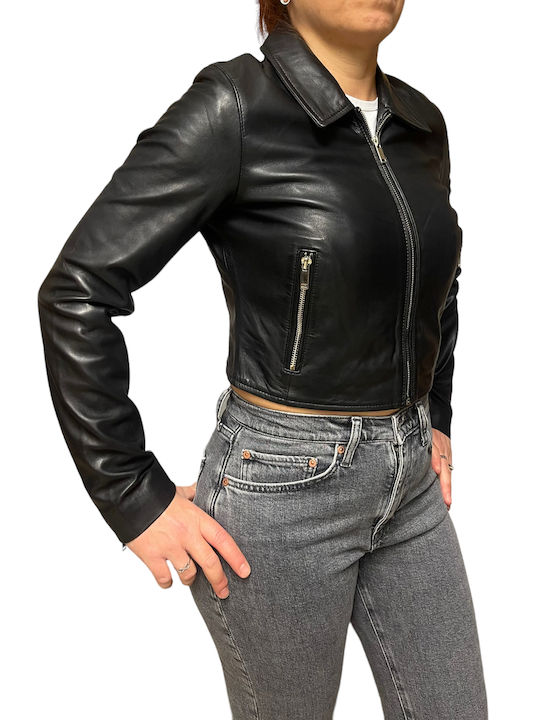 MARKOS LEATHER Women's Short Lifestyle Leather Jacket for Winter BLACK