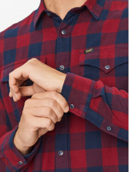 Western Long Sleeve Flannel Shirt in Regular Fit Checked Red