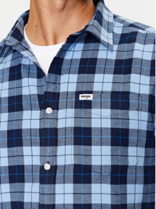 Long Sleeve Cotton Shirt in Regular Fit Checked Blue
