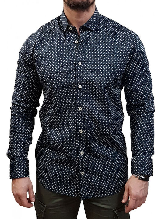 Marcus Men's Shirt Long Sleeve Polka Dot Navy Blue