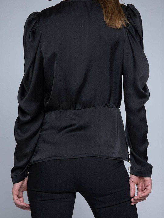 Twenty 29 Women's Blouse Satin Long Sleeve with Zipper Black