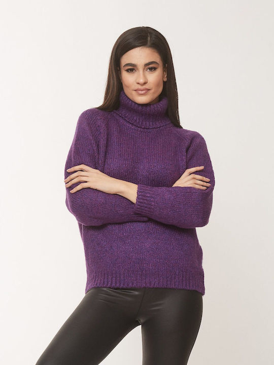 Boutique Women's Long Sleeve Sweater Woolen Turtleneck Purple