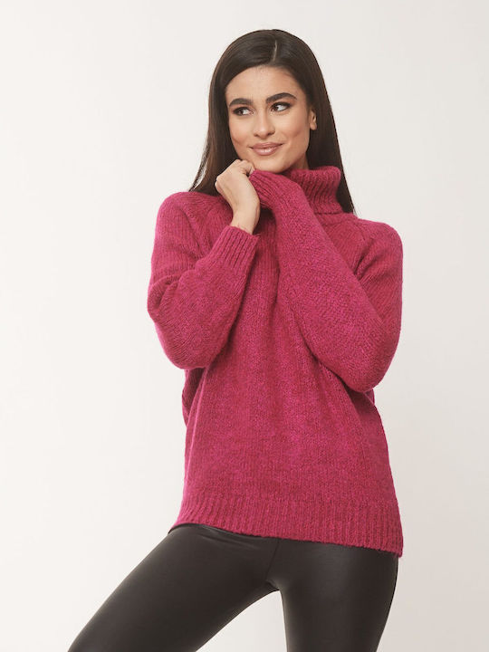 Women's Long Sleeve Sweater Woolen Turtleneck Fuchsia