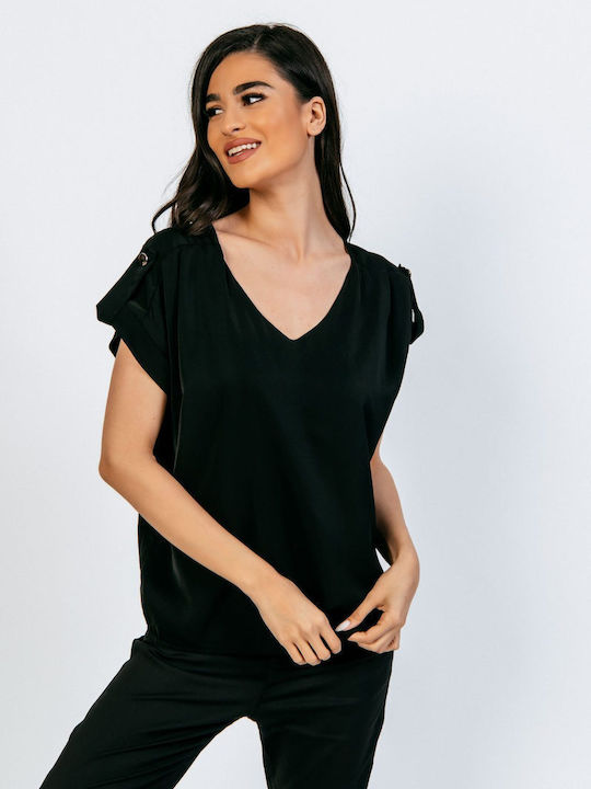 Boutique Damen Sommer Bluse Kurzärmelig Schwarz