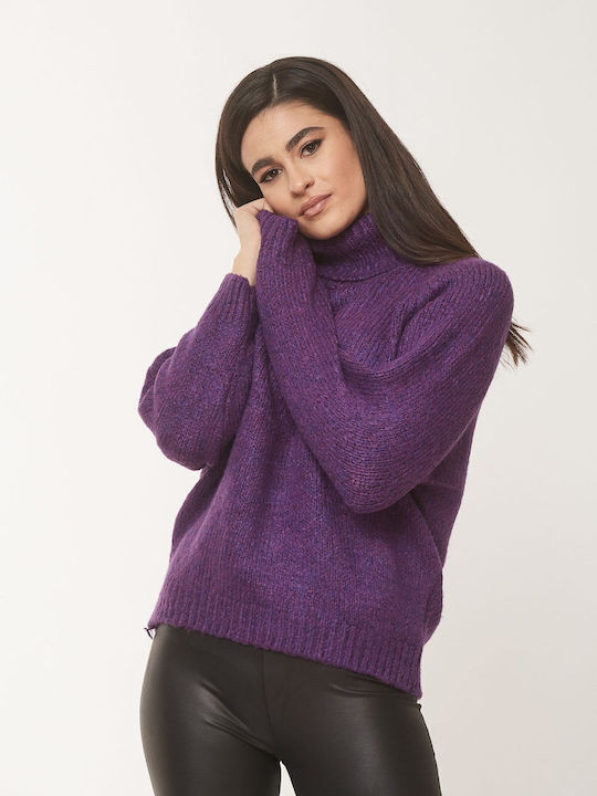 Women's Long Sleeve Sweater Woolen Turtleneck Purple