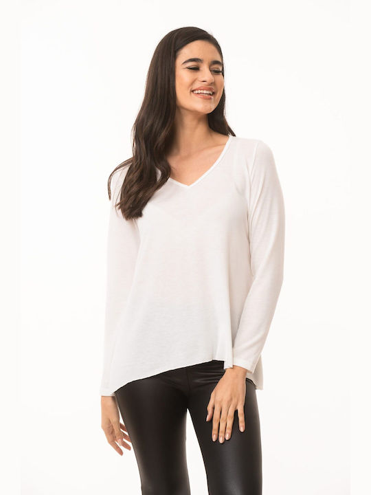 Boutique Damen Bluse Langärmelig mit V-Ausschnitt White