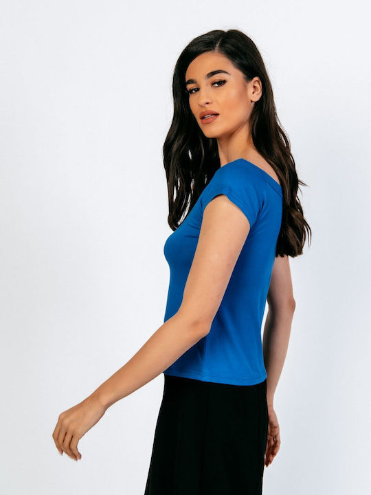 Women's Summer Blouse Short Sleeve with Boat Neckline Blue