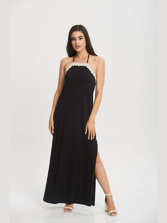 Lipsy London Summer Maxi Evening Dress with Lace Black