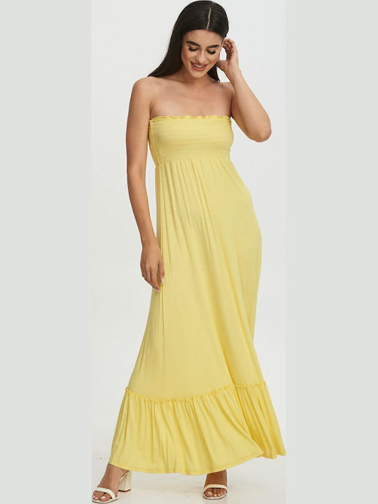 Καλοκαιρινό Maxi Βραδινό Φόρεμα Strapless Κίτρινο