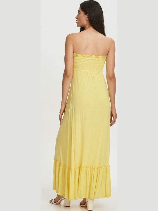 Καλοκαιρινό Maxi Βραδινό Φόρεμα Strapless Κίτρινο