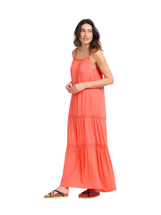 Brakeburn Sommer Maxi Kleid Gestrickt mit Rüschen Coral