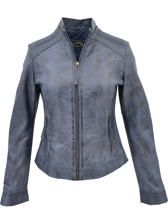 Δερμάτινα 100 Δερμάτινο Γυναικείο Biker Jacket Μπλε