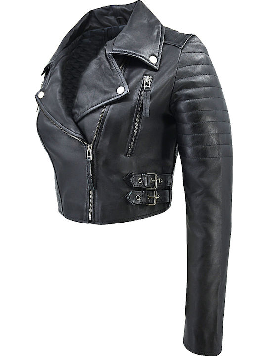 Δερμάτινα 100 Women's Short Biker Leather Jacket for Winter Black (BLACK)