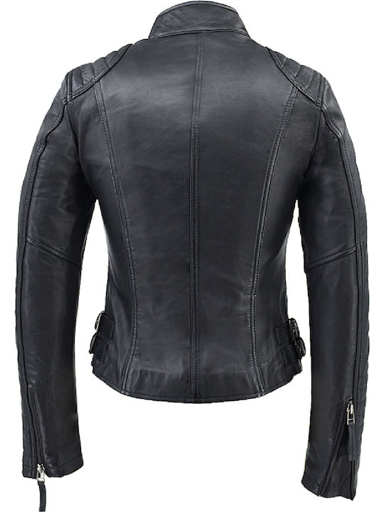 Δερμάτινα 100 Women's Short Biker Leather Jacket for Winter Black