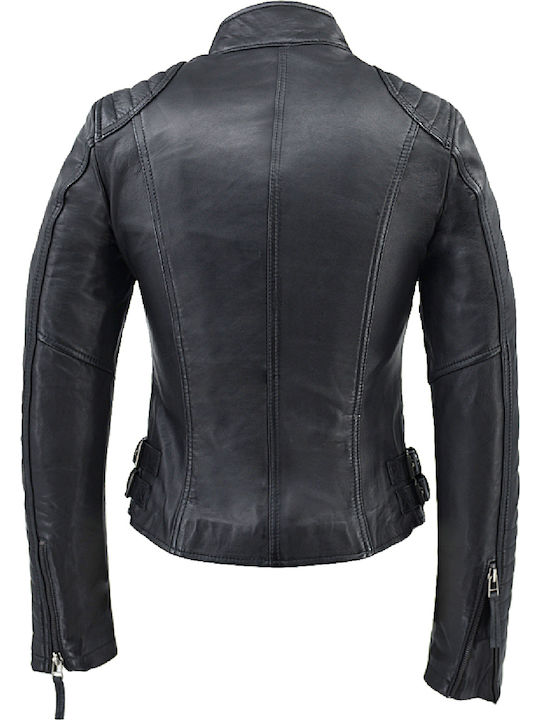 Women's Short Biker Leather Jacket for Winter Black