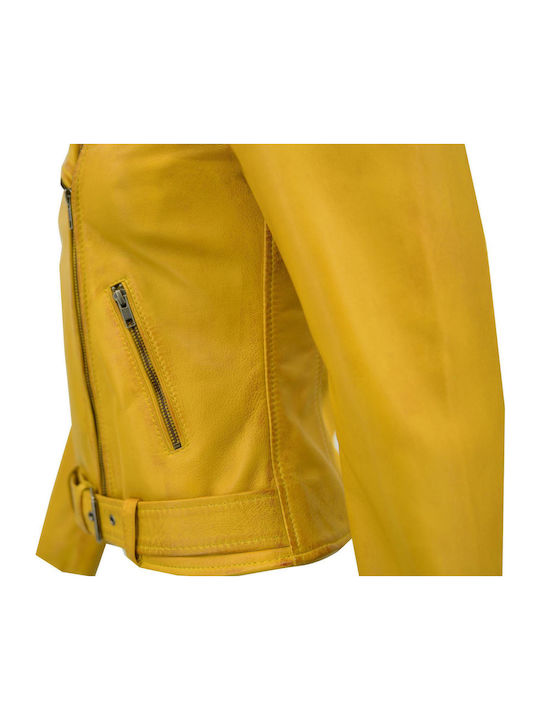 Women's Short Biker Leather Jacket for Winter Yellow