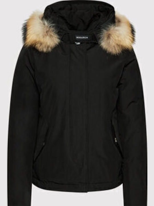 Arctic Raccoon Women's Short Parka Jacket for Winter with Hood Black