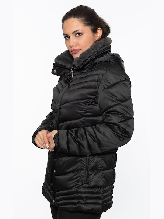 Korinas Fashion Lang Damen Puffer Jacke Wasserdicht mit pelziger Kapuze für Winter Schwarz