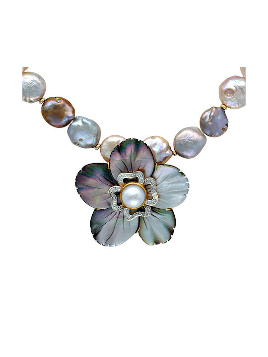 Necklace with design Flower from White Gold 18k with Pearls