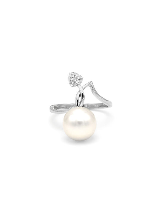 Women's White Gold Ring with Pearl & Diamond 18K