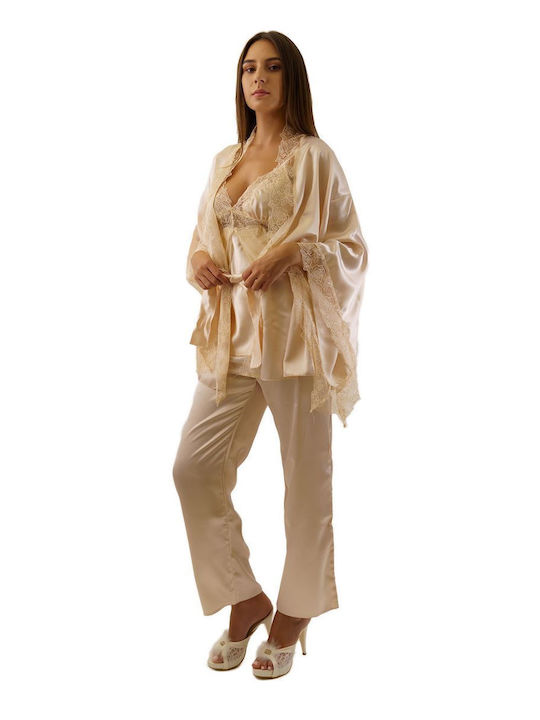 FMS Women's Winter Satin Robe with Pajama Gold