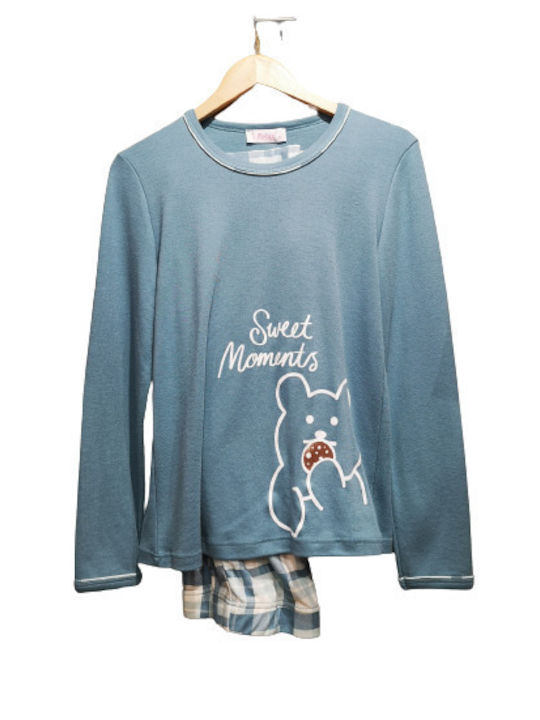 Relax Lingerie Winter Damen Pyjama-Set Baumwolle Hellblau Sweet Moments