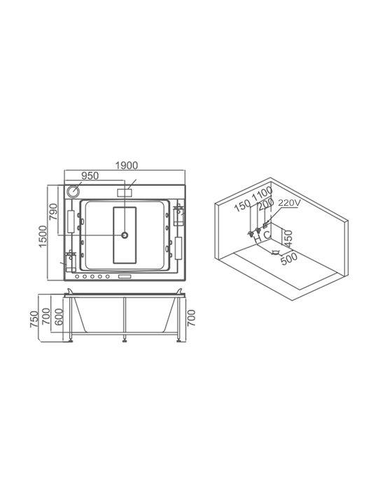 Vinci Μπανιέρα Ακρυλική με Υδρομασάζ 190x150cm