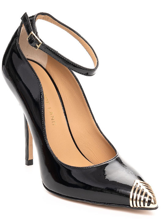 Philippe Lang Patent Leather Pointed Toe Black Heels with Strap