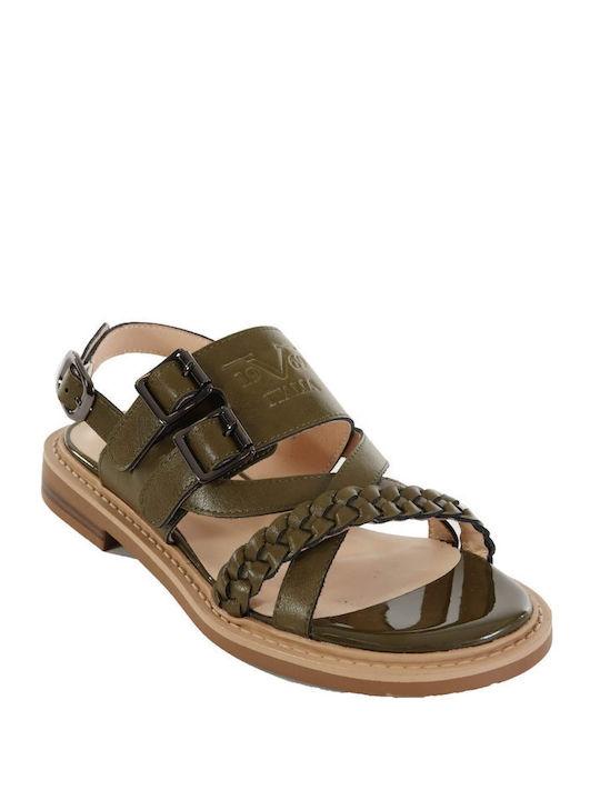 19V69 Leather Women's Flat Sandals in Khaki Color