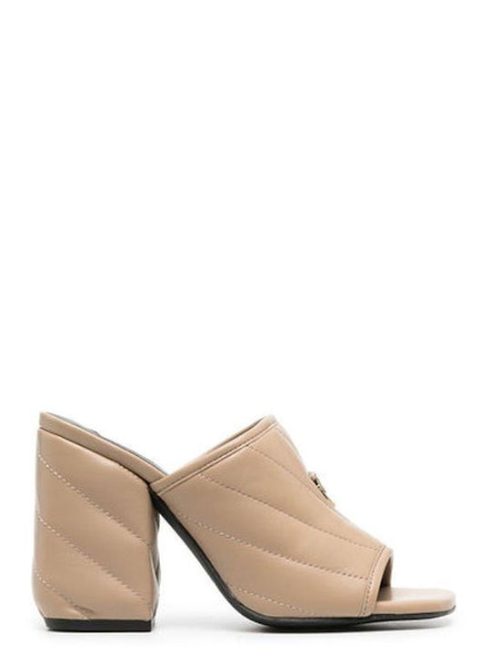 Pinko Chunky Heel Leather Mules Beige