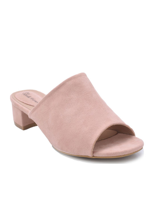 Leder Mules mit Chunky Niedrig Absatz in Rosa Farbe