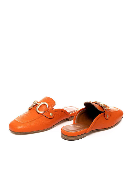 Flat Leather Mules in Orange Color