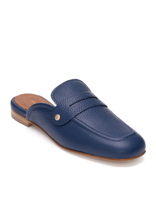 Flach Leder Mules in Blau Farbe