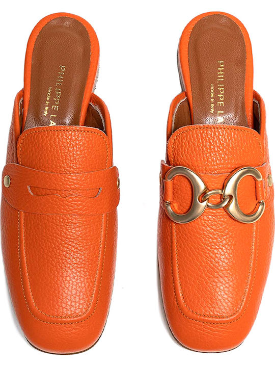 Flat Leather Mules in Orange Color