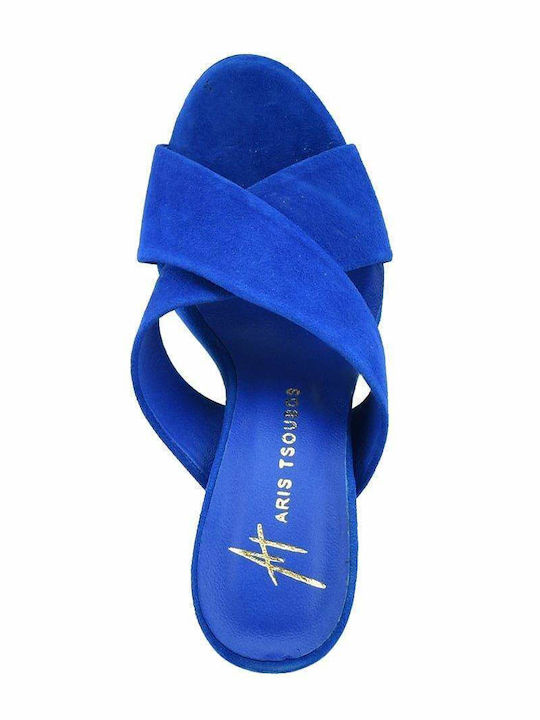 Designer Suede Mules with Chunky High Heel in Blue Color