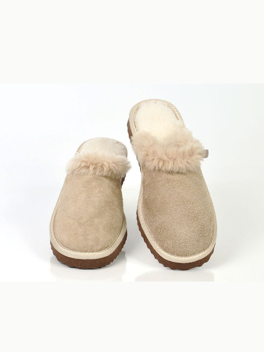 MRDline Leather Winter Women's Slippers in Beige color