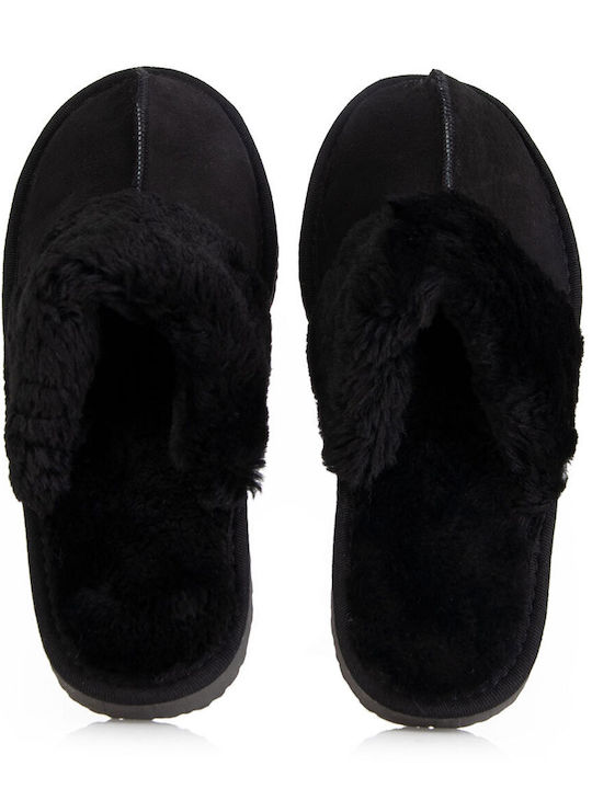 MRDline Leather Winter Women's Slippers in Black color