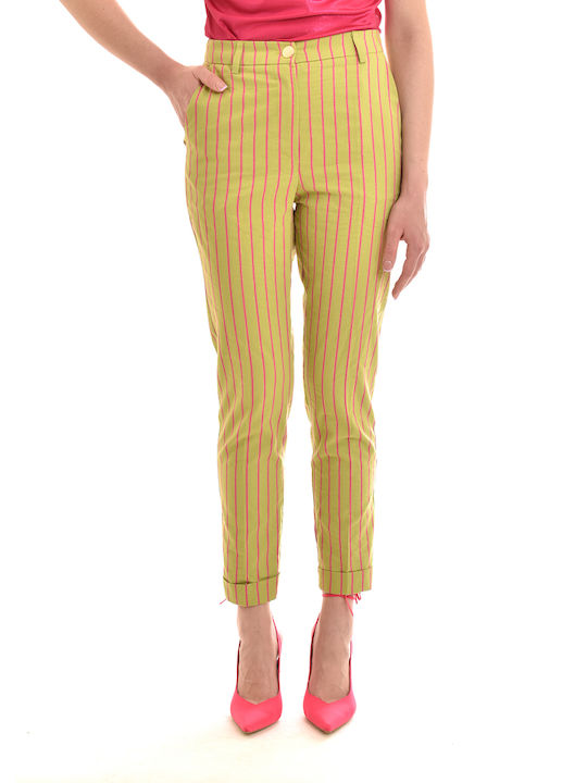 Long Stripped Trousers-green/fuchsia Damen Stoff Hose Gestreift Grün