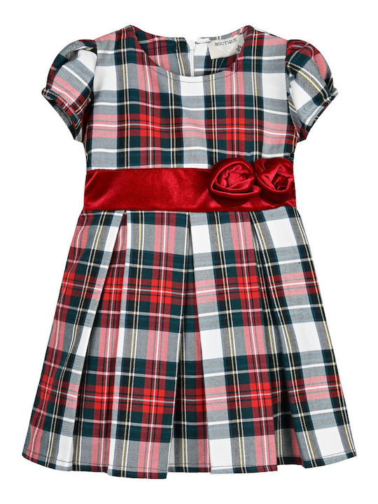 Children's Dress Short Sleeve Velvet Checked Set with Accessories Red