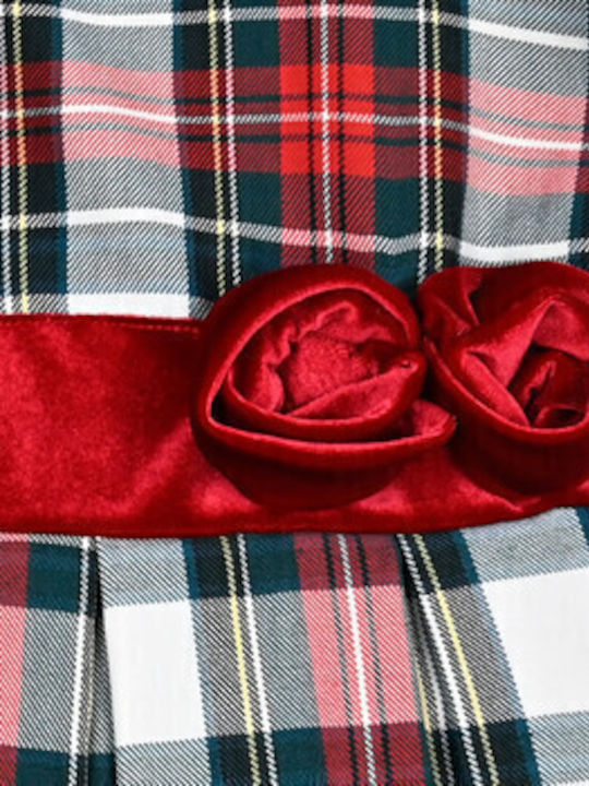 Children's Dress Short Sleeve Velvet Checked Set with Accessories Red