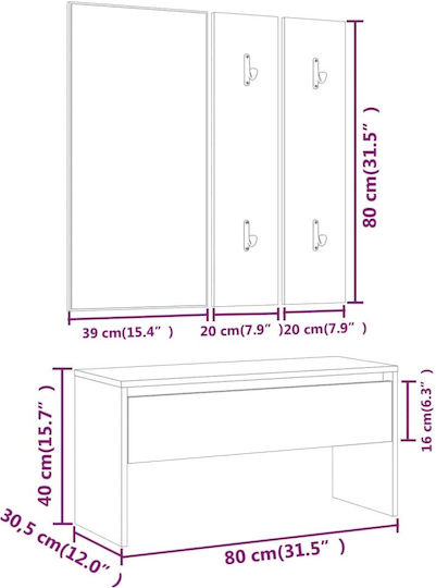 Мебел за антре с Огледало със Закачалка и Шкаф за Обувки Черен 80x30.5x40см