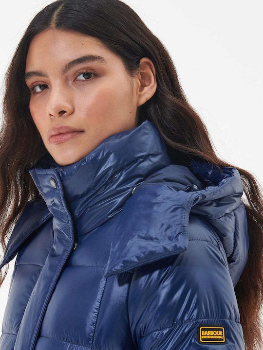 Women's Long Puffer Jacket for Winter with Hood Blue