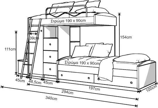 Θάσος 5 Κουκέτα Μονή για Στρώμα 90x190cm