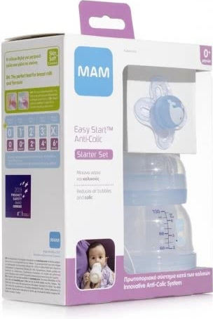 Mam Set Plastic Baby Bottles Easy Start Anti-colic Starter Set Against Colic with Silicone Teat for 0+ Months Blue Whale - Blue 260ml 3 Pieces