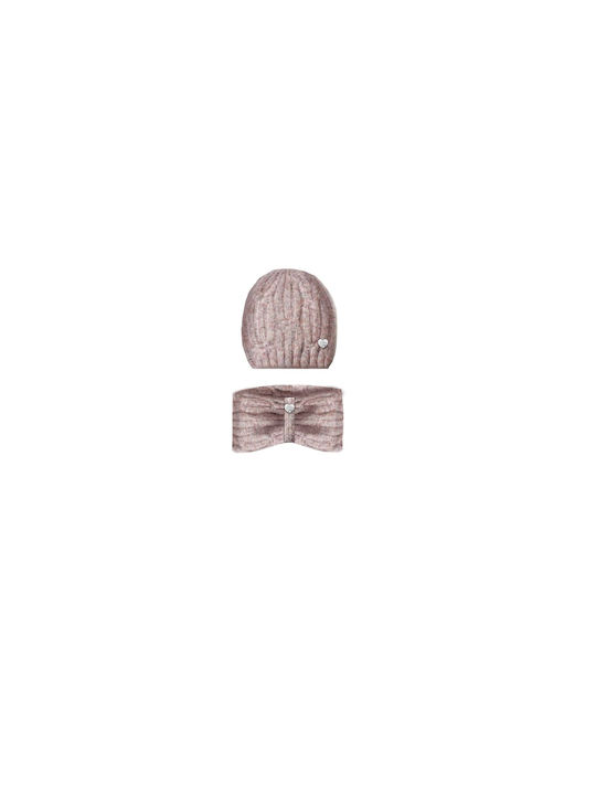 Guess Kids Beanie Set with Ribbon Knitted Pink