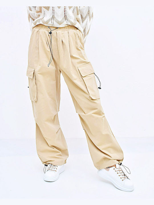 Beltipo Women's Fabric Cargo Trousers with Elastic Beige