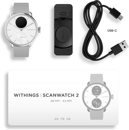 Withings ScanWatch 2 Stainless Steel 38mm Waterproof with Heart Rate Monitor (Pearl White)